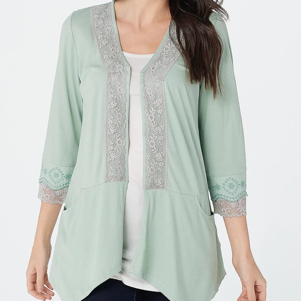 S LOGO by Lori Goldstein Cotton Modal Cardigan w/ Lace Detail Mint SMALL